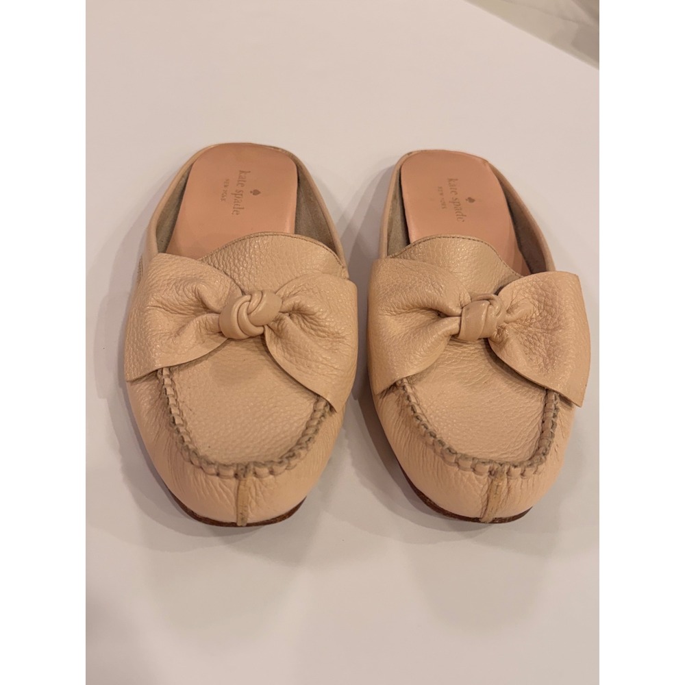 Kate Spade Mallory Bow Mules Womens 7M Beige Nude Leather Loafer Slides